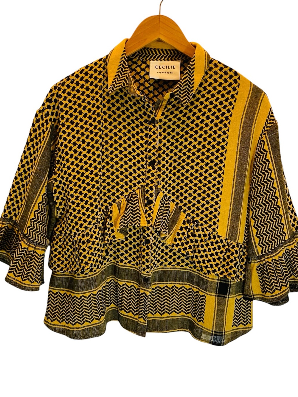 Cecilie Copenhagen Jacquard Mustard Yellow Black Geometric Knit Shirt Jacket XS